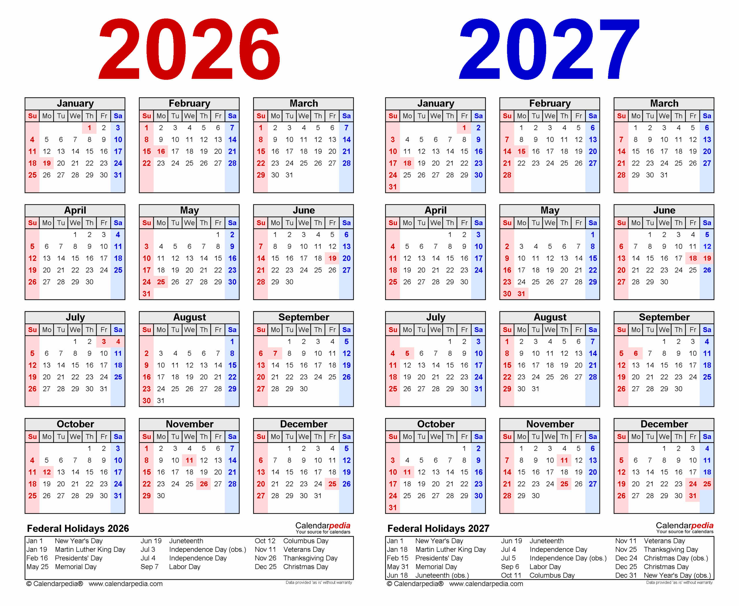 Two Year 2026 2027 Calendar Pdf Templates