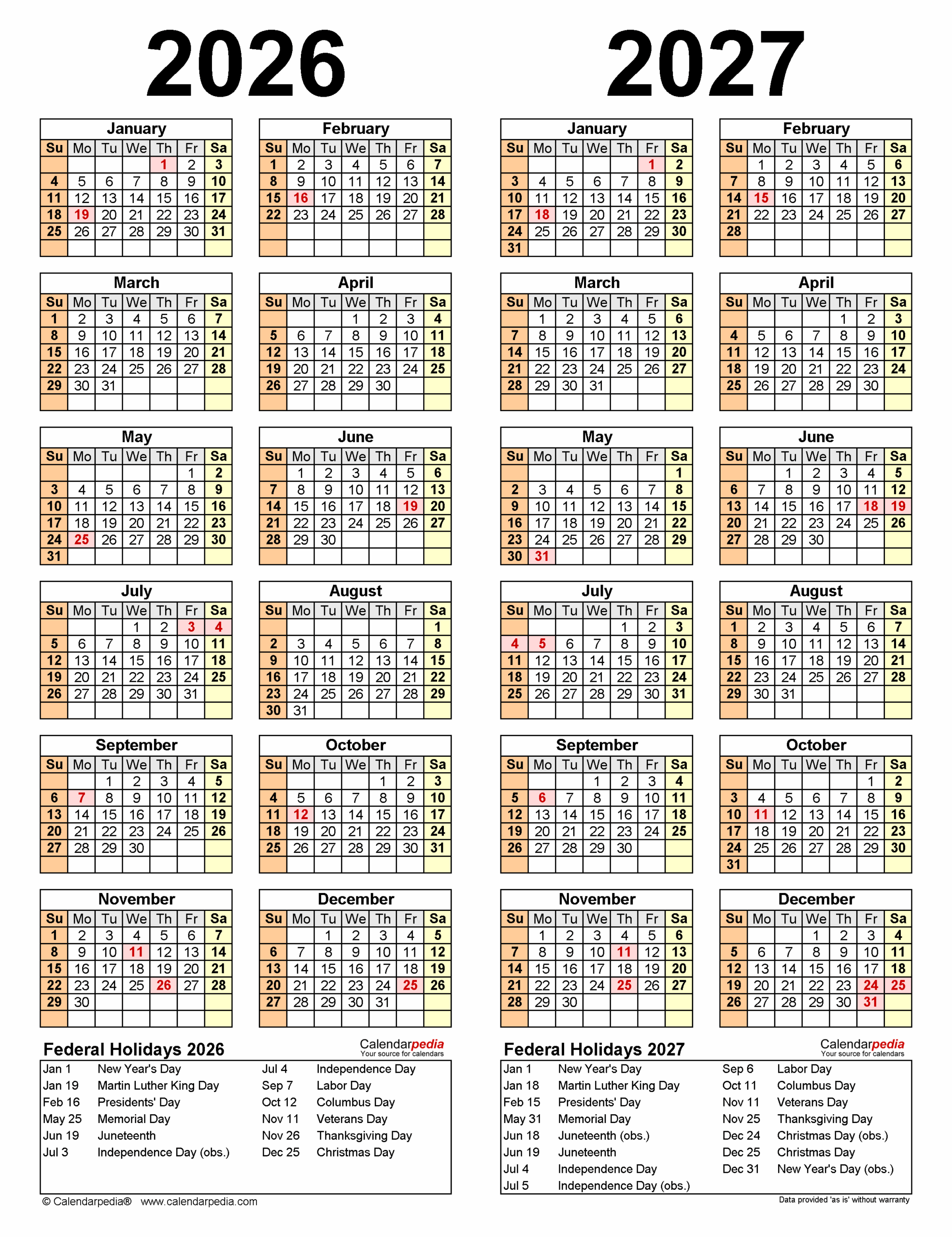 Two Year 2026 2027 Calendar Pdf Templates